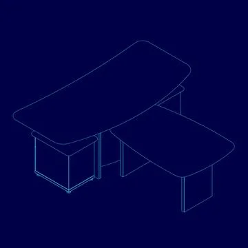 Blue drawing of a desk and table with a blue border. The desk is rectangular and Stock Illustration