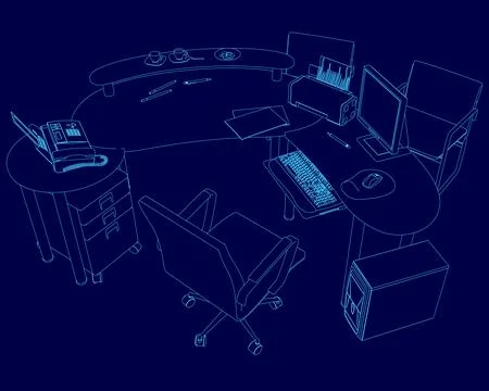 Blue drawing of a desk with a computer, keyboard, mouse, and a phone. The desk Stock Illustration
