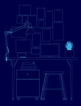 Blue drawing of a desk with a laptop, a computer monitor, a keyboard, a mouse, a Illustrazione stock