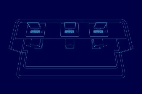 Blue drawing of a desk with three computer monitors and three chairs. The desk Ilustración de archivo