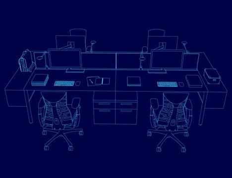 Blue drawing of a desk with two chairs and a computer. The chairs are facing Stock Illustration