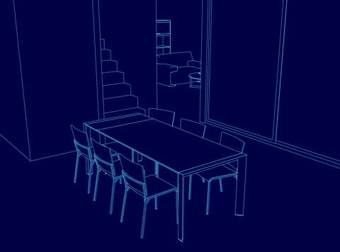 Blue drawing of a dining room with a table and chairs. The chairs are arranged Stock Illustration