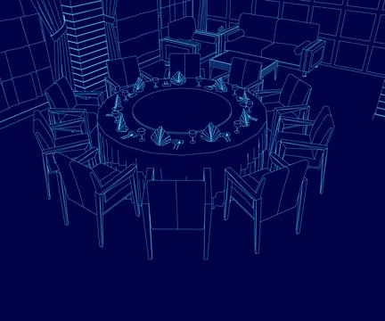 Blue drawing of a dining table with a lot of chairs around it. The chairs are Stock Illustration