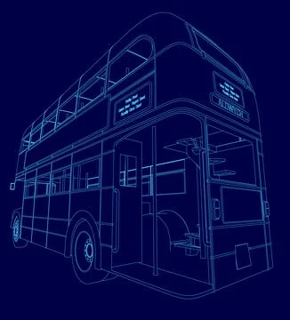 Blue drawing of a double decker bus with the words "The Big Ben" on the back. Stock Illustration