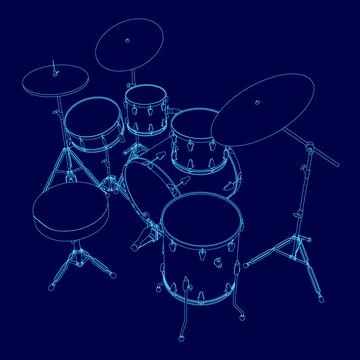 Blue drawing of a drum set with a blue background. The drum set is a full set Stock Illustration