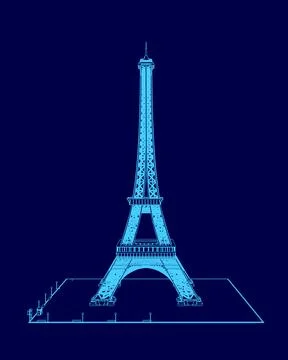 Blue drawing of the Eiffel Tower. The tower is tall and has a pointed top Stock Illustration