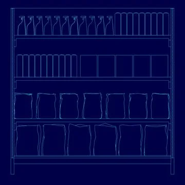 Blue drawing of a grocery store shelf with many items on it. The shelf is filled Ilustración de archivo