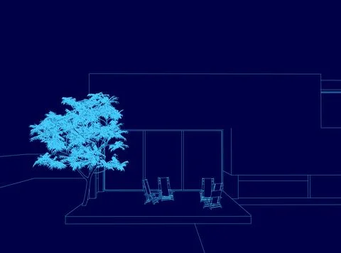 Blue drawing of a house with a tree in front of it. There are two chairs and a Stock Illustration