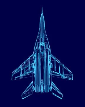Blue drawing of a jet plane with a pointed nose. The jet is in the middle of the Stock Illustration