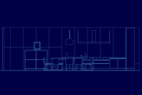 Blue drawing of a kitchen with a dining table and chairs. The kitchen is shown Illustrazione stock