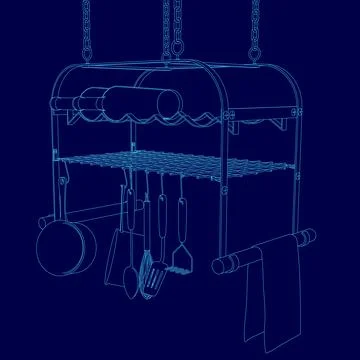 Blue drawing of a kitchen with a hanging rack for utensils. The rack is filled Illustrazione stock