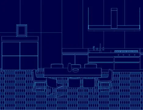 Blue drawing of a kitchen with a large table and chairs. The kitchen is modern Stock Illustration
