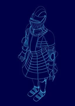 Blue drawing of a knight in full armor. The knight is standing tall and looking Illustrazione stock