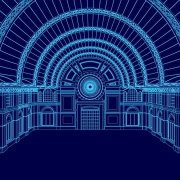 Blue drawing of a large building with a large dome. The building is empty and Ilustración de archivo