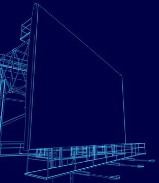Blue drawing of a large building with a large screen on the side. The drawing is Ilustración de archivo