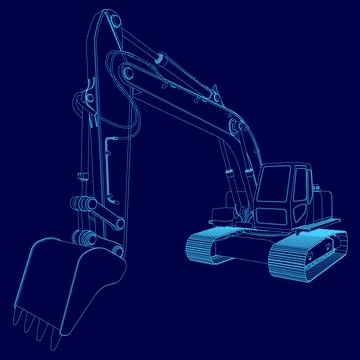 Blue drawing of a large construction machine. The drawing is of a large Stock Illustration