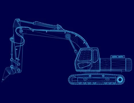 Blue drawing of a large construction vehicle. The drawing is in blue and is very Stock Illustration