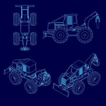 Blue drawing of a large construction vehicle. The drawing is of four different Stock Illustration