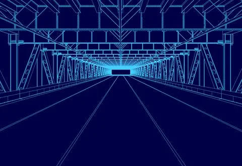 Blue drawing of a long, empty tunnel. The tunnel is very long and has no people Stock Illustration