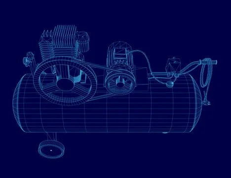 Blue drawing of a machine with a blue background. The machine is a compressor. 스톡 일러스트