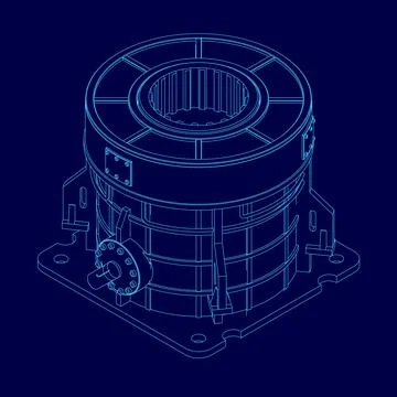 Blue drawing of a machine with a blue outline. The machine is a large, round Illustrazione stock