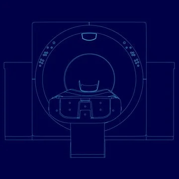 Blue drawing of a medical imaging machine. The drawing is of a person sitting Stock Illustration