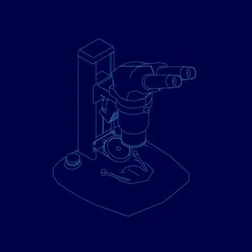 Blue drawing of a microscope with a blue outline. The drawing is of a scientific Stock Illustration