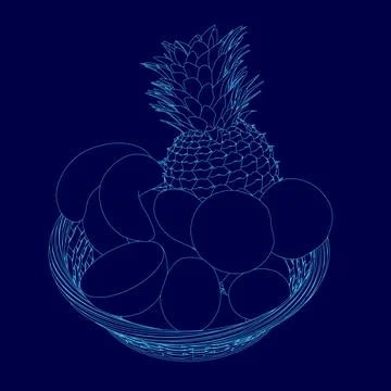 Blue drawing of a pineapple and a bunch of fruit. The pineapple is the main Stock Illustration