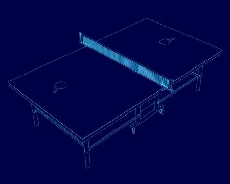 Blue drawing of a ping pong table with a net. The table is shown in a blue color Ilustración de archivo