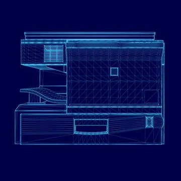 Blue drawing of a printer. The printer is a large, modern model with a sleek Stock Illustration