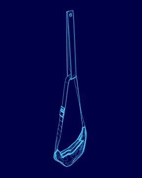 Blue drawing of a purse with a strap hanging off of it. The purse is being held Illustration