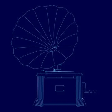 Blue drawing of a record player with a blue background. The record player is a Stock-Illustration