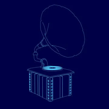 Blue drawing of a record player with a record on it. The record player is a Stock Illustration