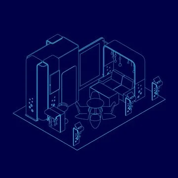 Blue drawing of a room with a table and chairs. The room is empty and has a Stock Illustration