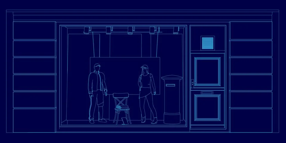 Blue drawing of a room with two people and a chair. The room is empty and the Stock Illustration