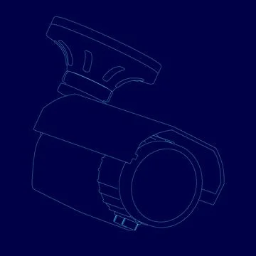 Blue drawing of a security camera. The camera is a small, compact device. Stock Illustration