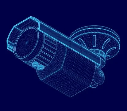 Blue drawing of a security camera. The camera is in the middle of the image and Stock Illustration