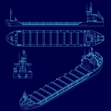 Blue drawing of a ship with a blue background. The ship is shown in three Stockillustratie