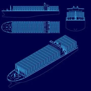 Blue drawing of a ship with a blue background. The ship is shown in three Stock Illustration