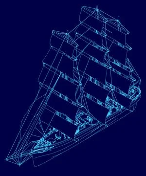 Blue drawing of a ship with sails. The ship is shown in a 3D format, with the Stock Illustration
