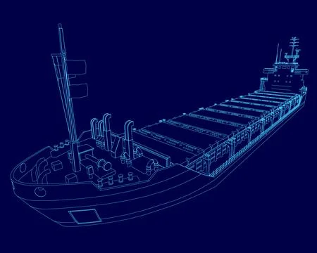 Blue drawing of a ship. The ship is large and has a blue stripe on the side Illustrazione stock