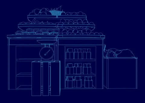 Blue drawing of a store with a scale and a sign that says "weight". The drawing Stock Illustration