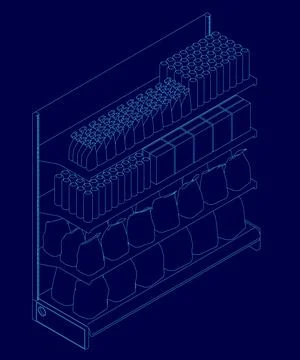 Blue drawing of a store shelf with many items on it. The shelf is filled with Stock Illustration