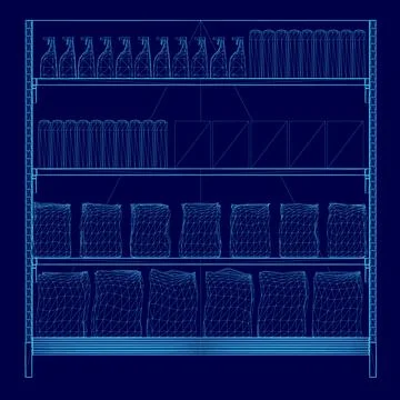 Blue drawing of a store shelf with many bottles and bags. The shelf is full of Stock Illustration
