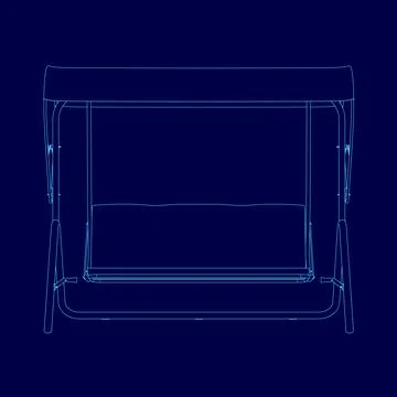 Blue drawing of a swing. The swing is made of wood and has a frame. The swing is Stock Illustration