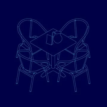 Blue drawing of a table with four chairs around it. The chairs are all different Stock Illustration