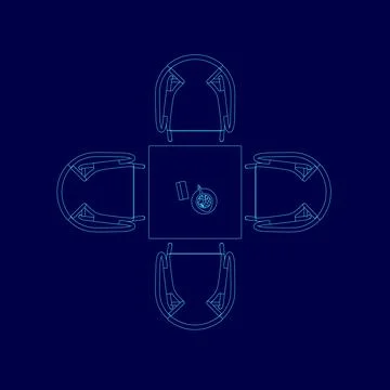 Blue drawing of a table with four chairs around it. The chairs are all facing Stock Illustration
