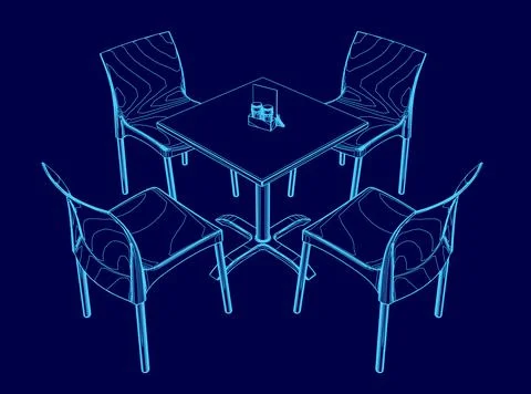 Blue drawing of a table with four chairs around it. The chairs are all different Stock Illustration