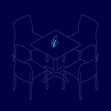 Blue drawing of a table with four chairs around it. The chairs are all lined up Stock Illustration
