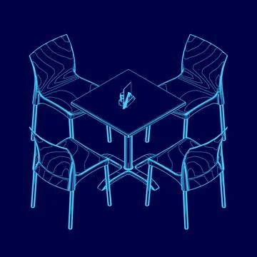 Blue drawing of a table with four chairs around it. The chairs are all different Stock Illustration